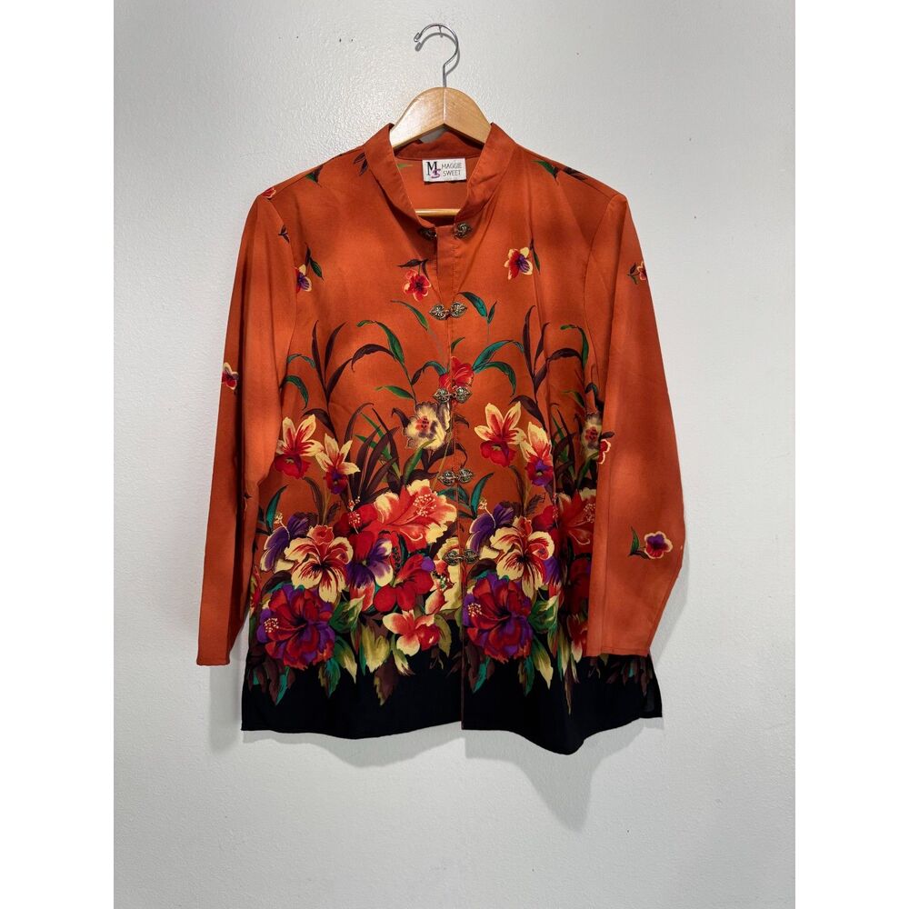 Maggie Sweet VTG button up shirt USA made autumn decorative trim floral women L